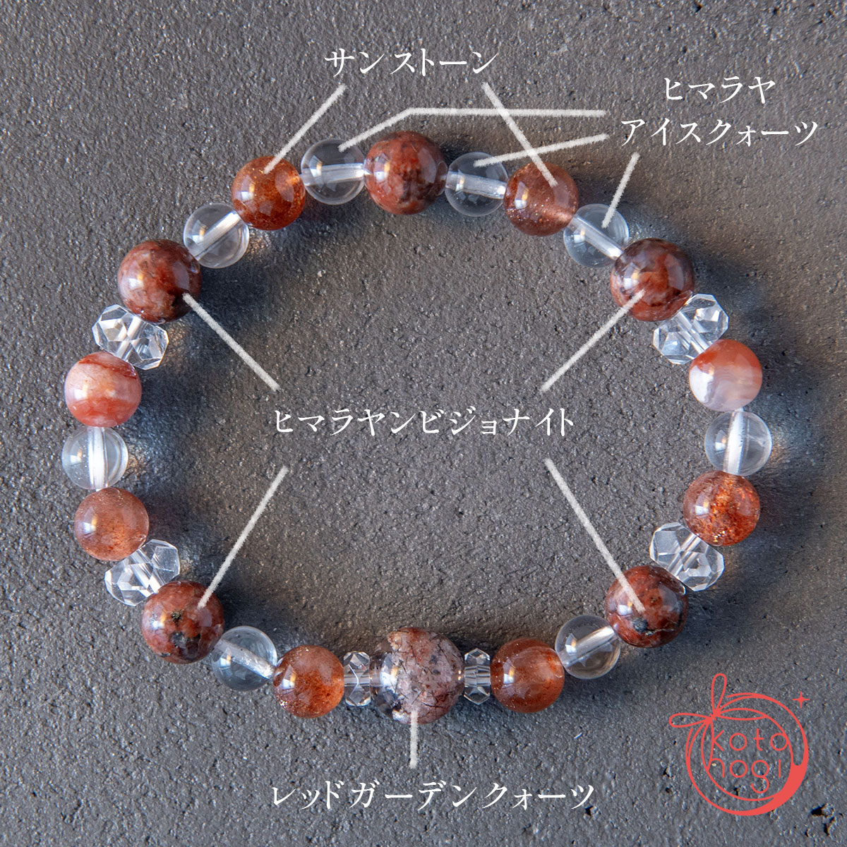 ダイエットのお守りブレスレット「祝り」ヒマラヤンビジョナイト サンストーン レッドガーデンクォーツ ヒマラヤアイスクォーツの画像