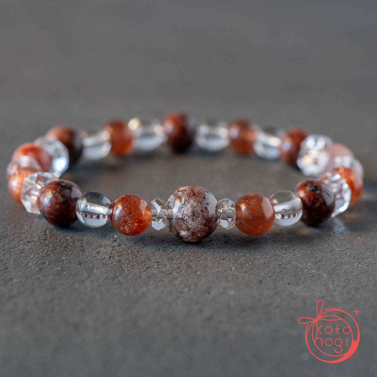 ダイエットのお守りブレスレット「祝り」ヒマラヤンビジョナイト サンストーン レッドガーデンクォーツ ヒマラヤアイスクォーツの画像