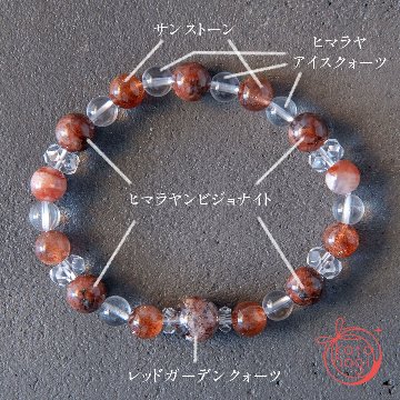 ダイエットのお守りブレスレット「祝り」ヒマラヤンビジョナイト サンストーン レッドガーデンクォーツ ヒマラヤアイスクォーツの画像