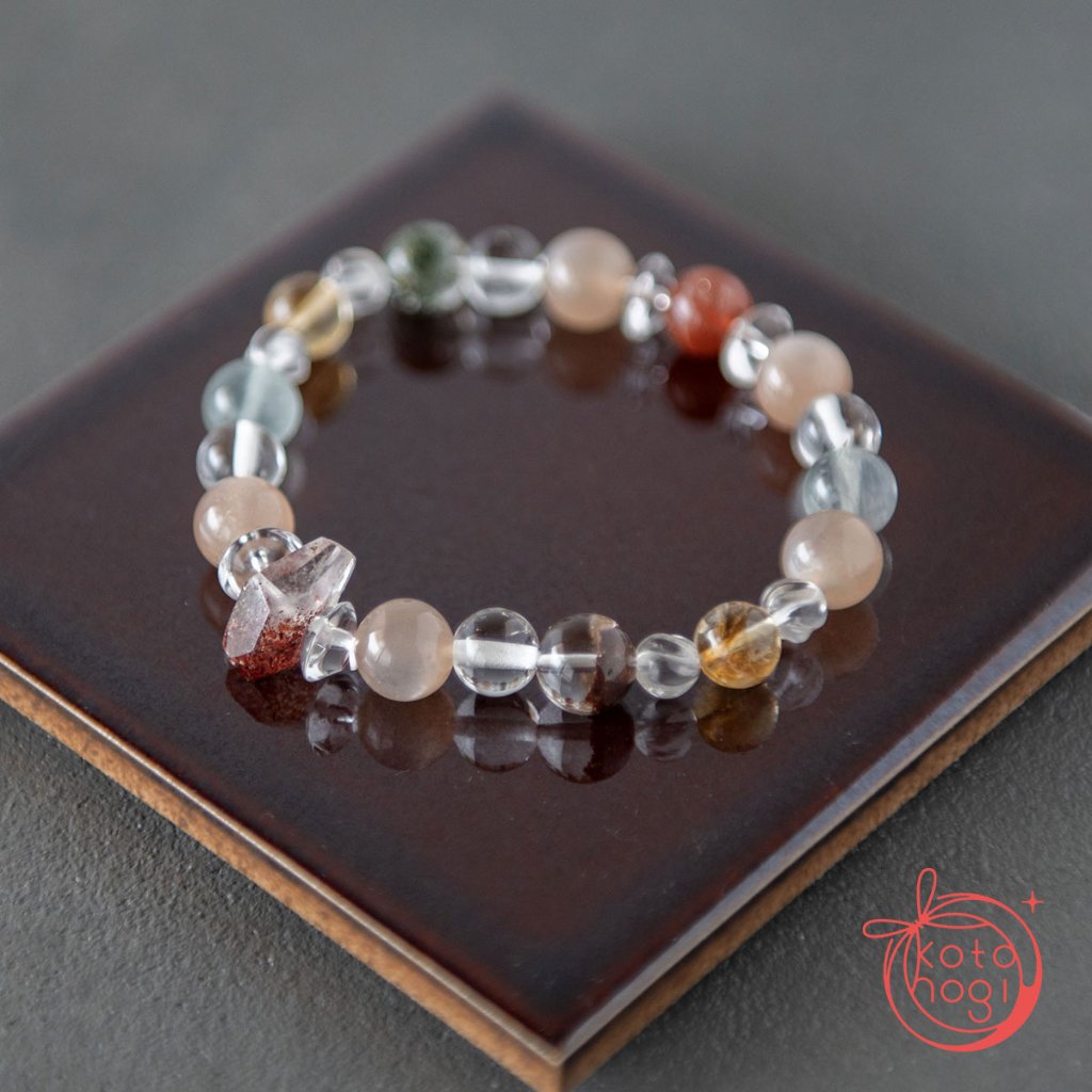 【前向き・リラックス】のお守りブレスレット「祝り」サンストーン ピンクムーンストーン レピドクロサイトインクォーツ シトリン ガーデンクォーツ ガネーシュヒマール ヒマラヤ水晶の画像