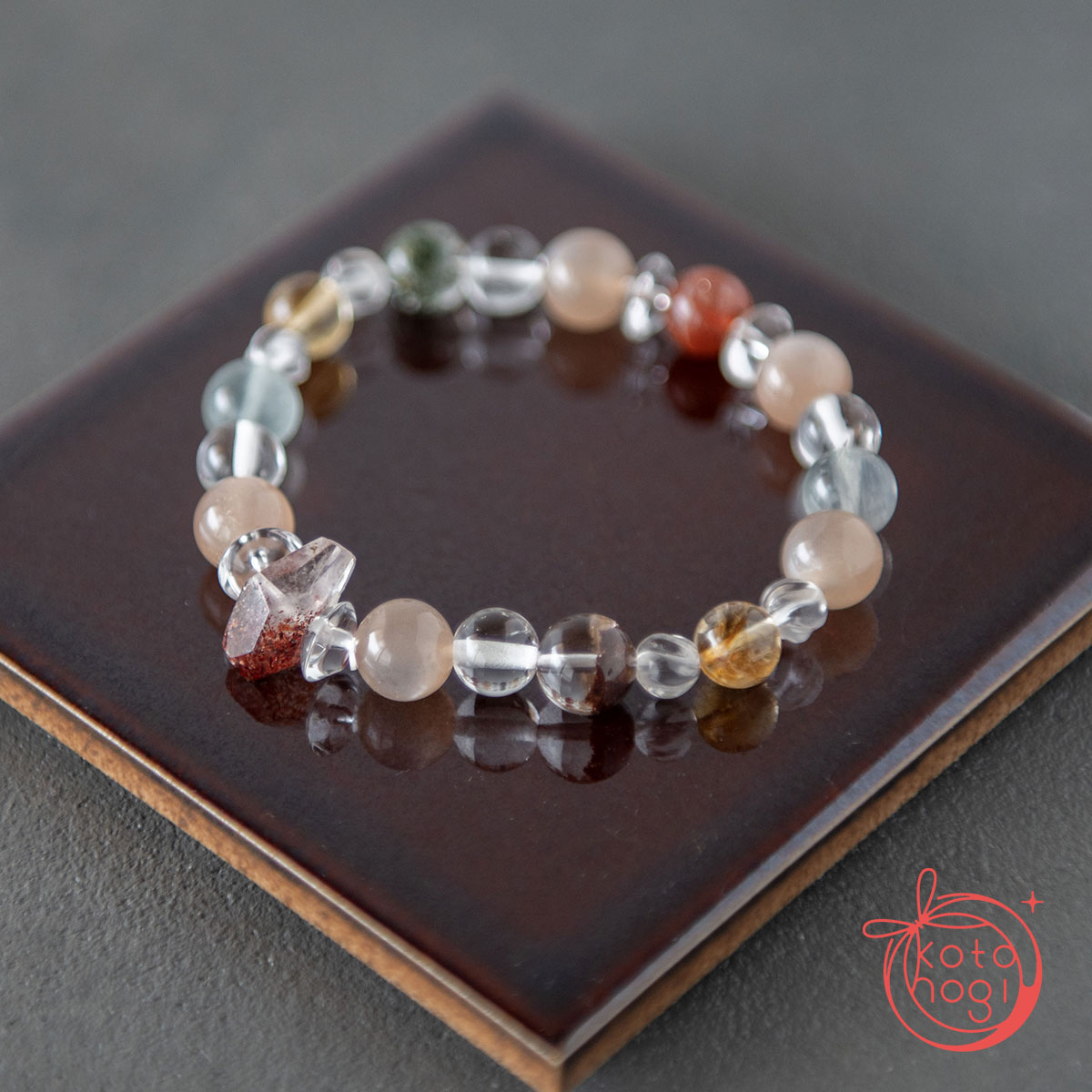 【前向き・リラックス】のお守りブレスレット「祝り」サンストーン ピンクムーンストーン レピドクロサイトインクォーツ シトリン ガーデンクォーツ ガネーシュヒマール ヒマラヤ水晶の画像