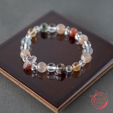【前向き・リラックス】のお守りブレスレット「祝り」サンストーン ピンクムーンストーン レピドクロサイトインクォーツ シトリン ガーデンクォーツ ガネーシュヒマール ヒマラヤ水晶の画像