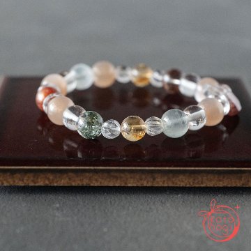 【前向き・リラックス】のお守りブレスレット「祝り」サンストーン ピンクムーンストーン レピドクロサイトインクォーツ シトリン ガーデンクォーツ ガネーシュヒマール ヒマラヤ水晶の画像