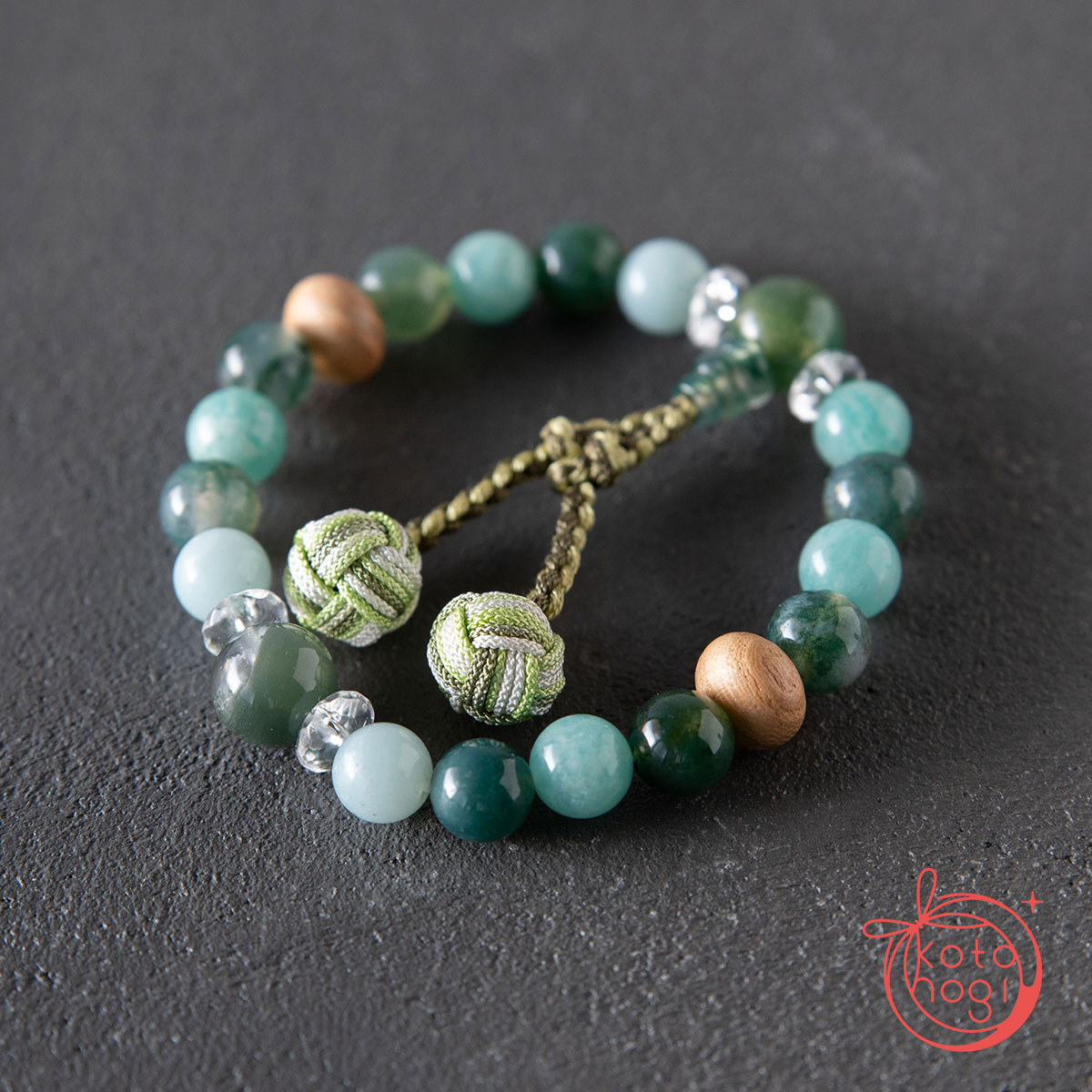 開運ブレスレット「若草」アマゾナイト ガーデンクォーツ 苔瑪瑙 桐