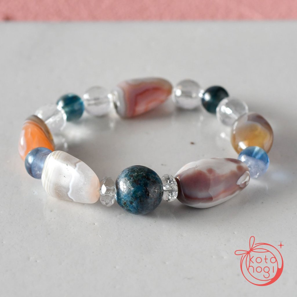 お守りブレスレット「依リシロ」 ボツワナアゲート ルビーインカイヤナイト カイヤナイト カラーチェンジフローライト【木花咲耶姫 弁財天 市杵島姫命】の画像