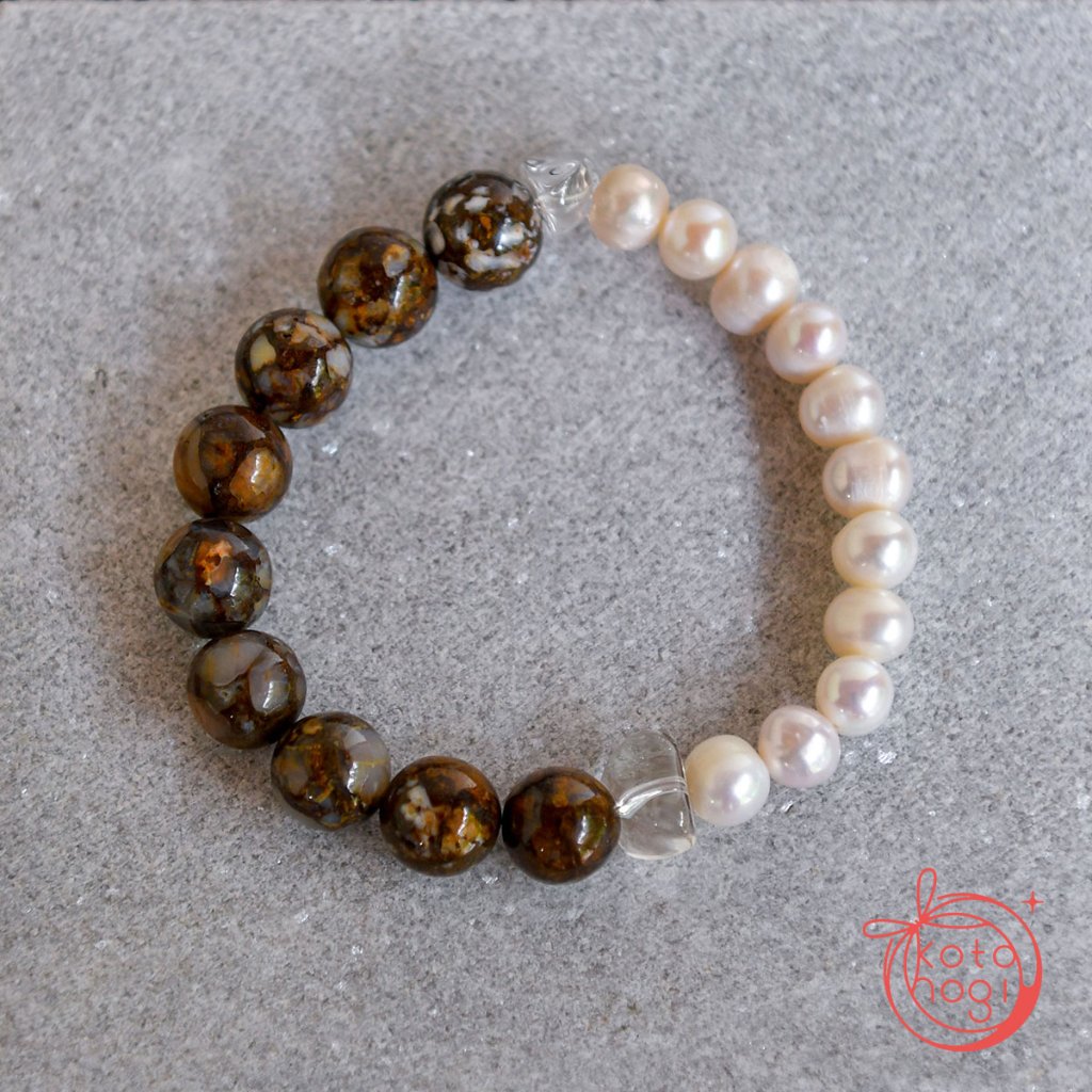 お守りブレスレット「祝り」 ブラウンオパール×淡水パール【厄除け・魔除け・子供守り・家族守り】の画像