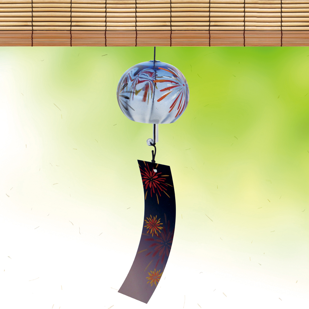 風鈴 ガラス風鈴 手作り風鈴 蒔絵仕上げ[ぎやまん風鈴]花火(ブルー) R-63の画像