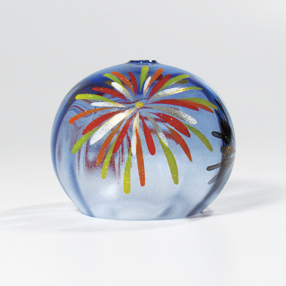 風鈴 ガラス風鈴 手作り風鈴 蒔絵仕上げ[ぎやまん風鈴]花火(ブルー) R-63の画像
