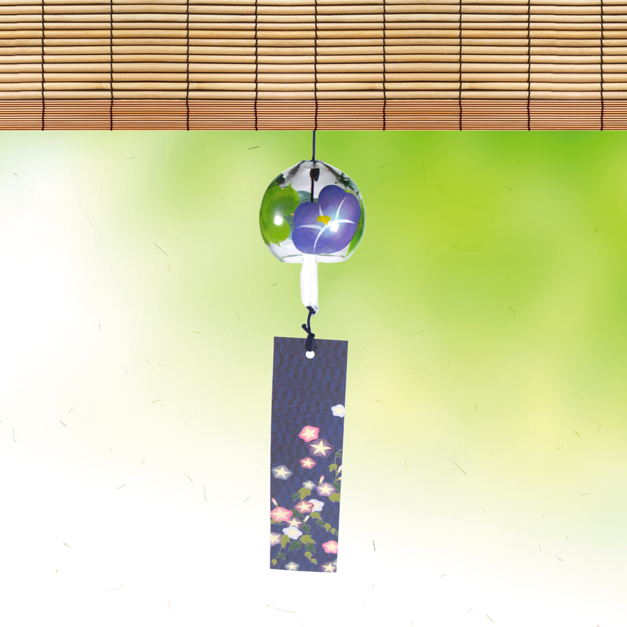 風鈴 ガラス風鈴 手作り風鈴 蒔絵仕上げ[ミディ風鈴]あさがお 朝顔　ぎやまん　R-324の画像