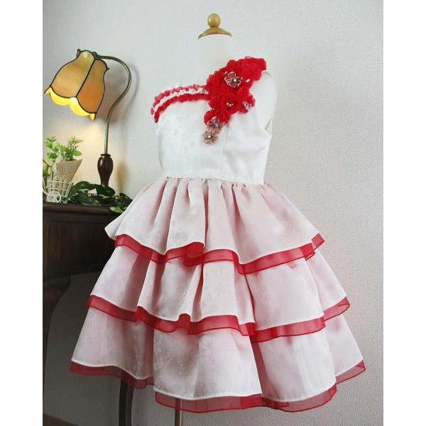 3段フリルスカートの白色のフォーマルドレス　ホワイト＆レッド　125サイズの画像
