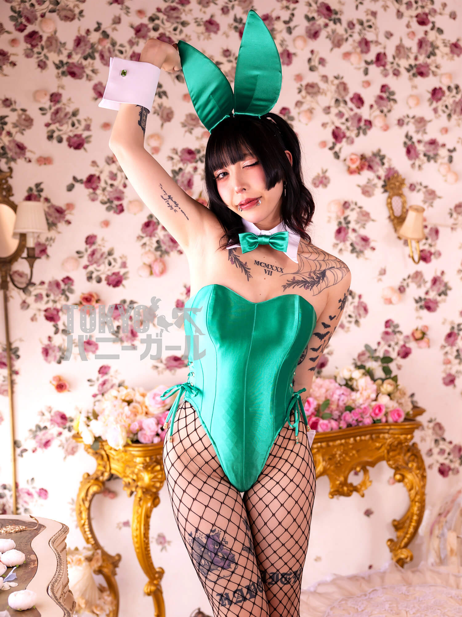 コスプレ バニーガール 衣装 9点セット【グリーン】プレーン バニー衣装・裏地付の画像