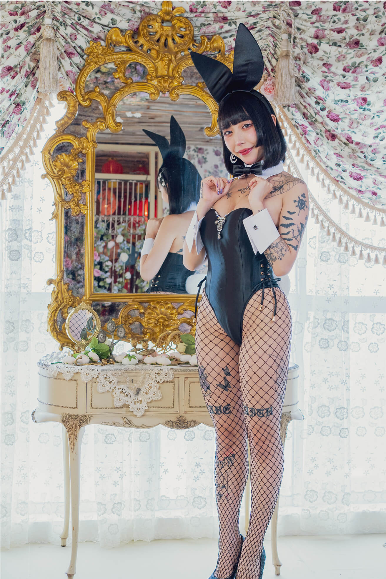 バニーガール コスプレ 衣装 9点セット 飾り付【ブラック】ドレスアップ バニー衣装・裏地付の画像