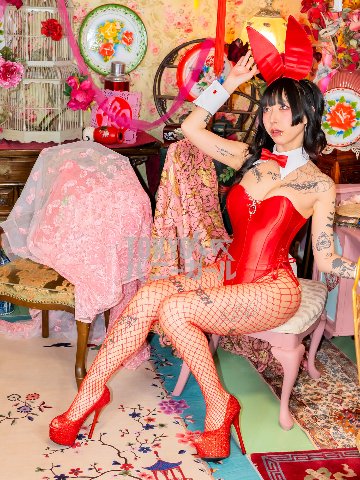 コスプレ バニーガール 衣装 ９点セット 飾り付【レッド】ドレスアップ バニー衣装・裏地付の画像