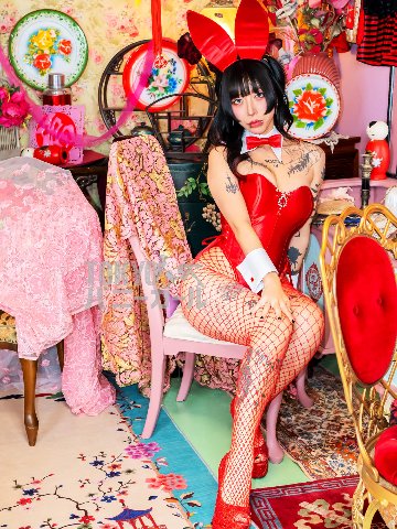 コスプレ バニーガール 衣装 ９点セット 飾り付【レッド】ドレスアップ バニー衣装・裏地付の画像