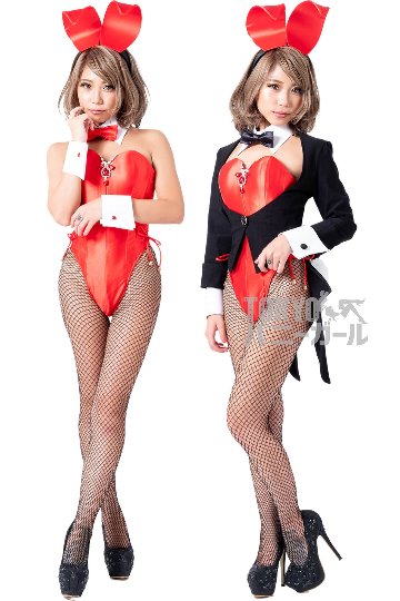 コスプレ バニーガール 衣装 ９点セット 飾り付【レッド】ドレスアップ バニー衣装・裏地付の画像