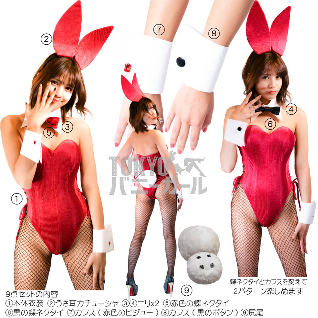 バニーガール 衣装 9点セット【金糸ベロア・レッド 15番】プレーン バニー衣装・裏地付の画像