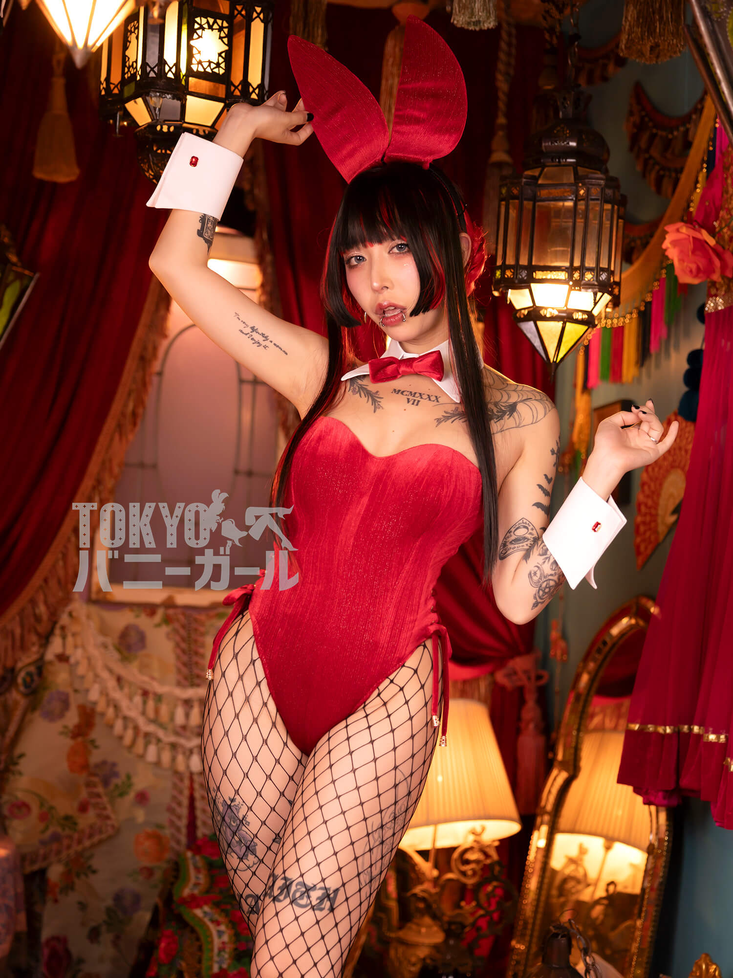 【大きいサイズ】バニーガール衣装 9点セット【金糸ベロア・レッド 15番】プレーン バニー衣装・裏地付の画像