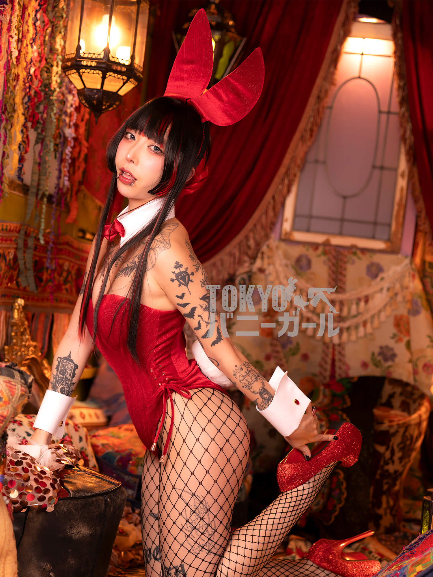 【大きいサイズ】バニーガール衣装 9点セット【金糸ベロア・レッド 15番】プレーン バニー衣装・裏地付の画像