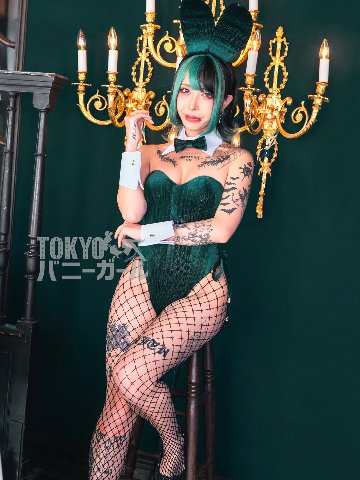 【大きいサイズ】バニーガール衣装 9点セット【金糸ベロア・ディープグリーン9番】プレーン バニー衣装・裏地付の画像