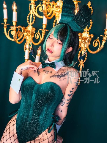 【大きいサイズ】バニーガール衣装 9点セット【金糸ベロア・ディープグリーン9番】プレーン バニー衣装・裏地付の画像