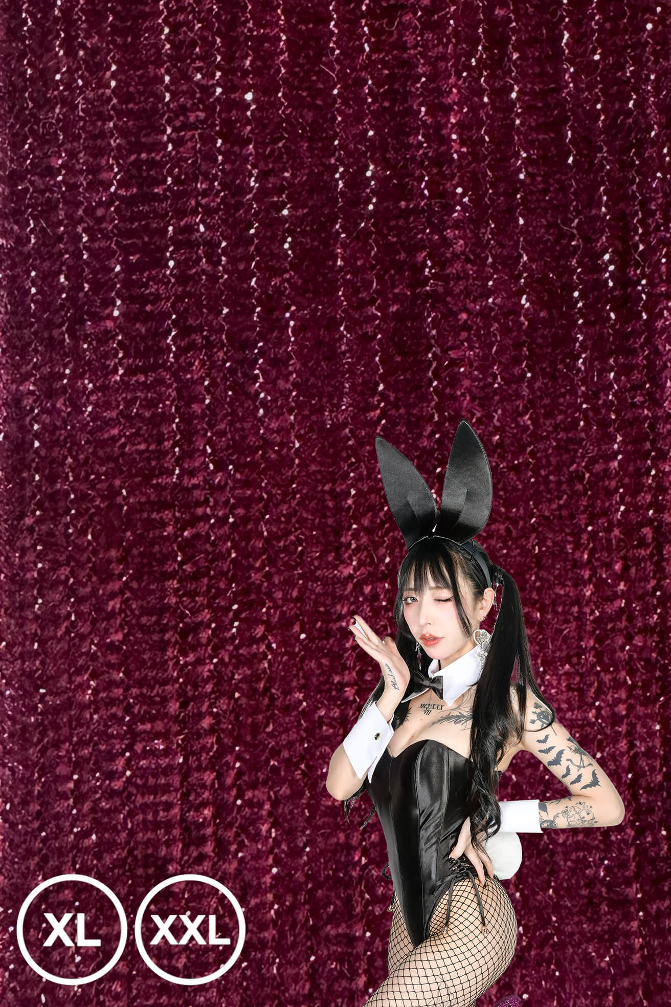 【大きいサイズ】バニーガール衣装 9点セット【金糸ベロア・ワインレッド 12番】プレーン バニー衣装・裏地付の画像