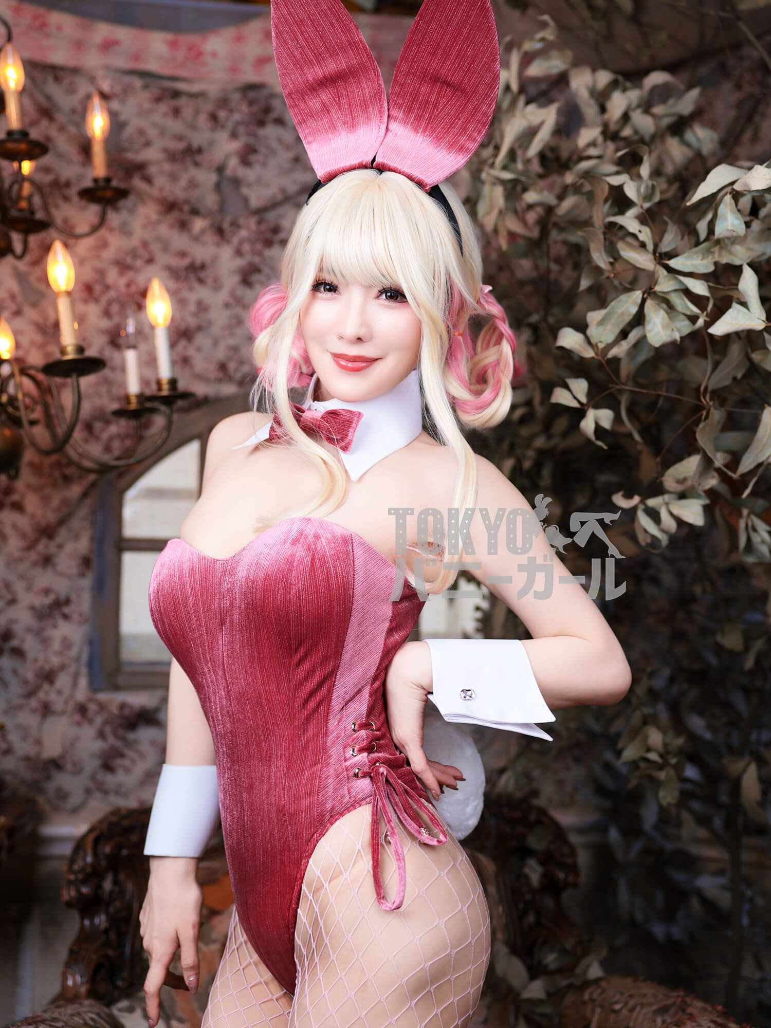 バニーガール 衣装 9点セット【ラメ糸ベロア・ピンク 19番】プレーン バニー衣装・裏地付の画像