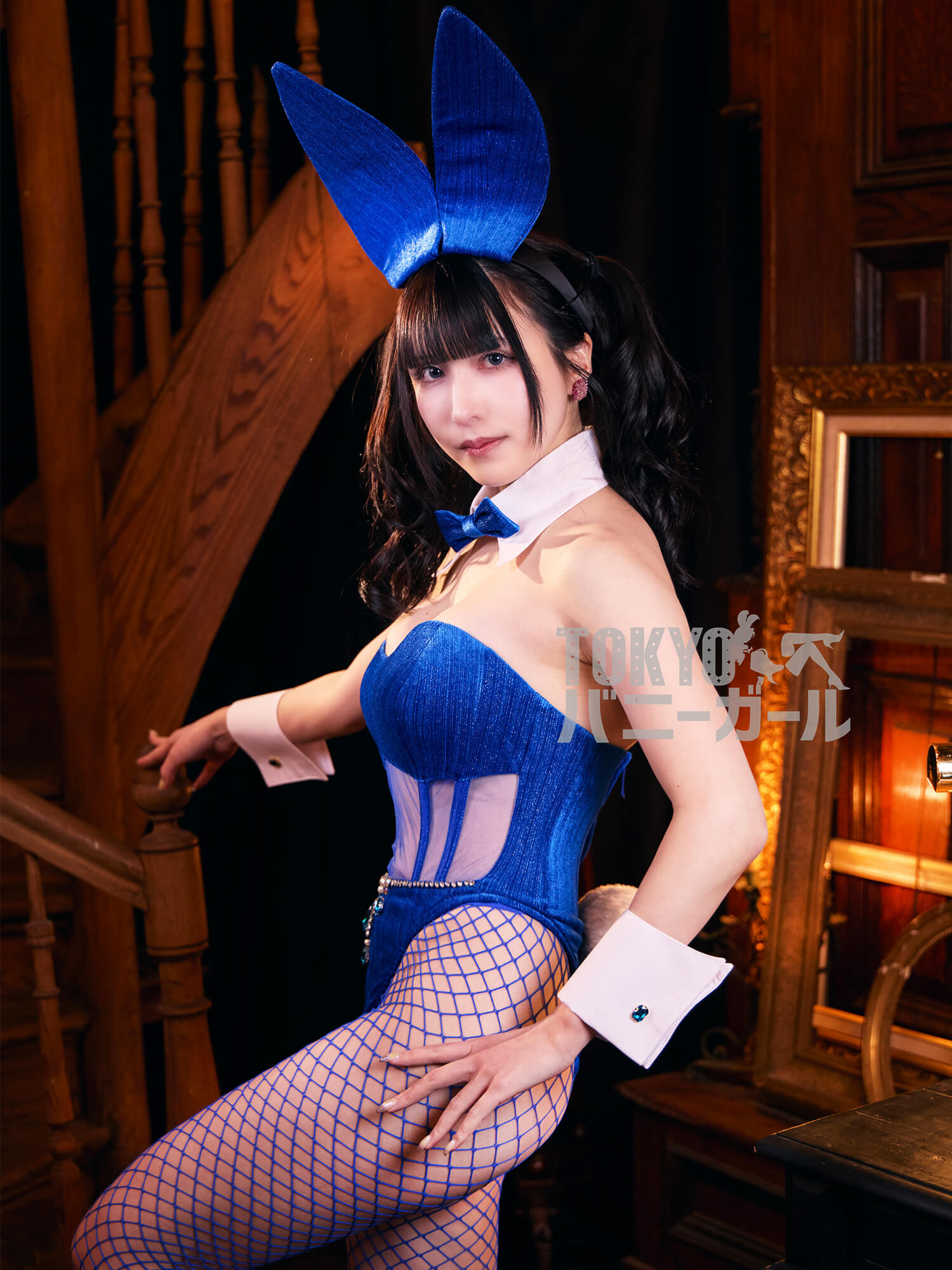 バニーガール 衣装 9点セット 飾り付【金糸ベロア・ブルー18番】ドレスアップ バニー衣装・裏地付の画像