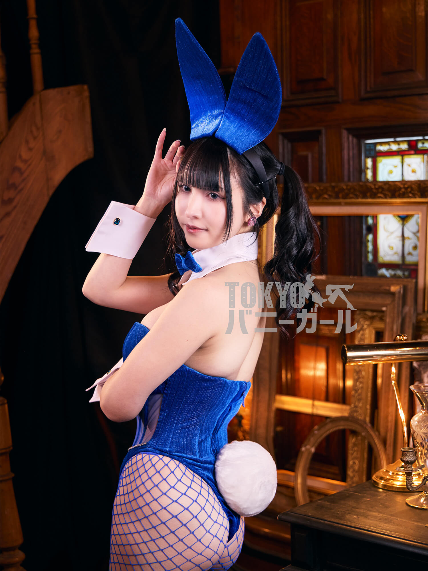 バニーガール 衣装 9点セット 飾り付【金糸ベロア・ブルー18番】ドレスアップ バニー衣装・裏地付の画像