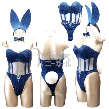 バニーガール 衣装 9点セット 飾り付【金糸ベロア・ブルー18番】ドレスアップ バニー衣装・裏地付の画像
