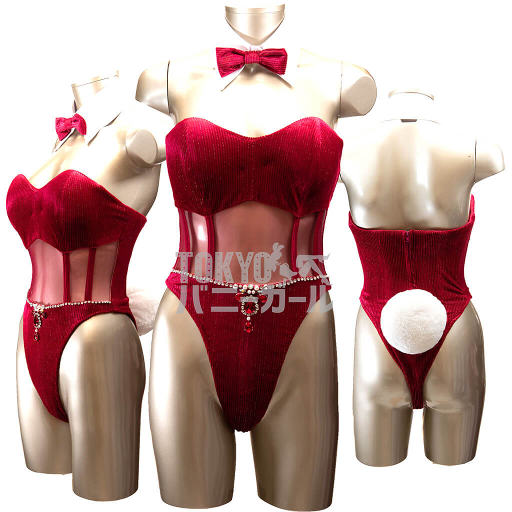 バニーガール 衣装 9点セット 飾り付【金糸ベロア・レッド 15番】ドレスアップ バニー衣装・裏地付の画像