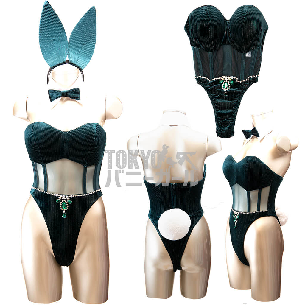 バニーガール 衣装 9点セット 飾り付【金糸ベロア・ディープグリーン9番】ドレスアップ バニー衣装・裏地付の画像