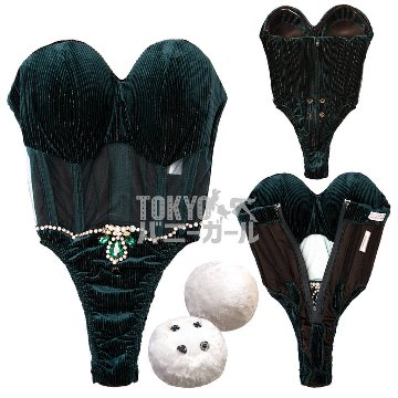 バニーガール 衣装 9点セット 飾り付【金糸ベロア・ディープグリーン9番】ドレスアップ バニー衣装・裏地付の画像