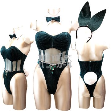 バニーガール 衣装 9点セット 飾り付【金糸ベロア・ディープグリーン9番】ドレスアップ バニー衣装・裏地付の画像