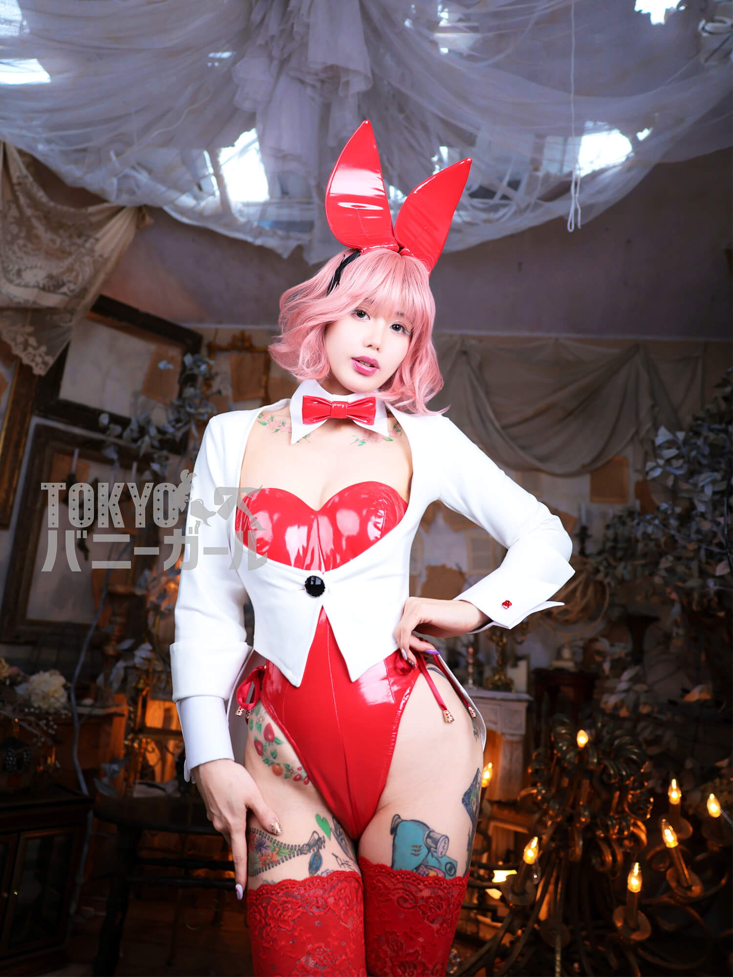 【大きいサイズ】 エナメル・バニーガール 衣装 9点セット【レッド】プレーン バニー衣装の画像