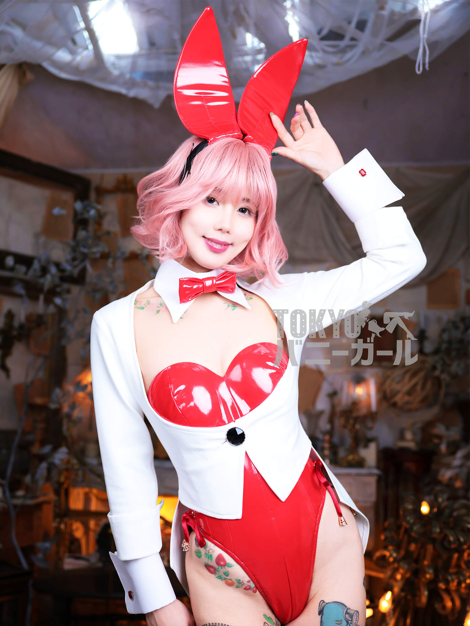 【大きいサイズ】 エナメル・バニーガール 衣装 9点セット【レッド】プレーン バニー衣装の画像