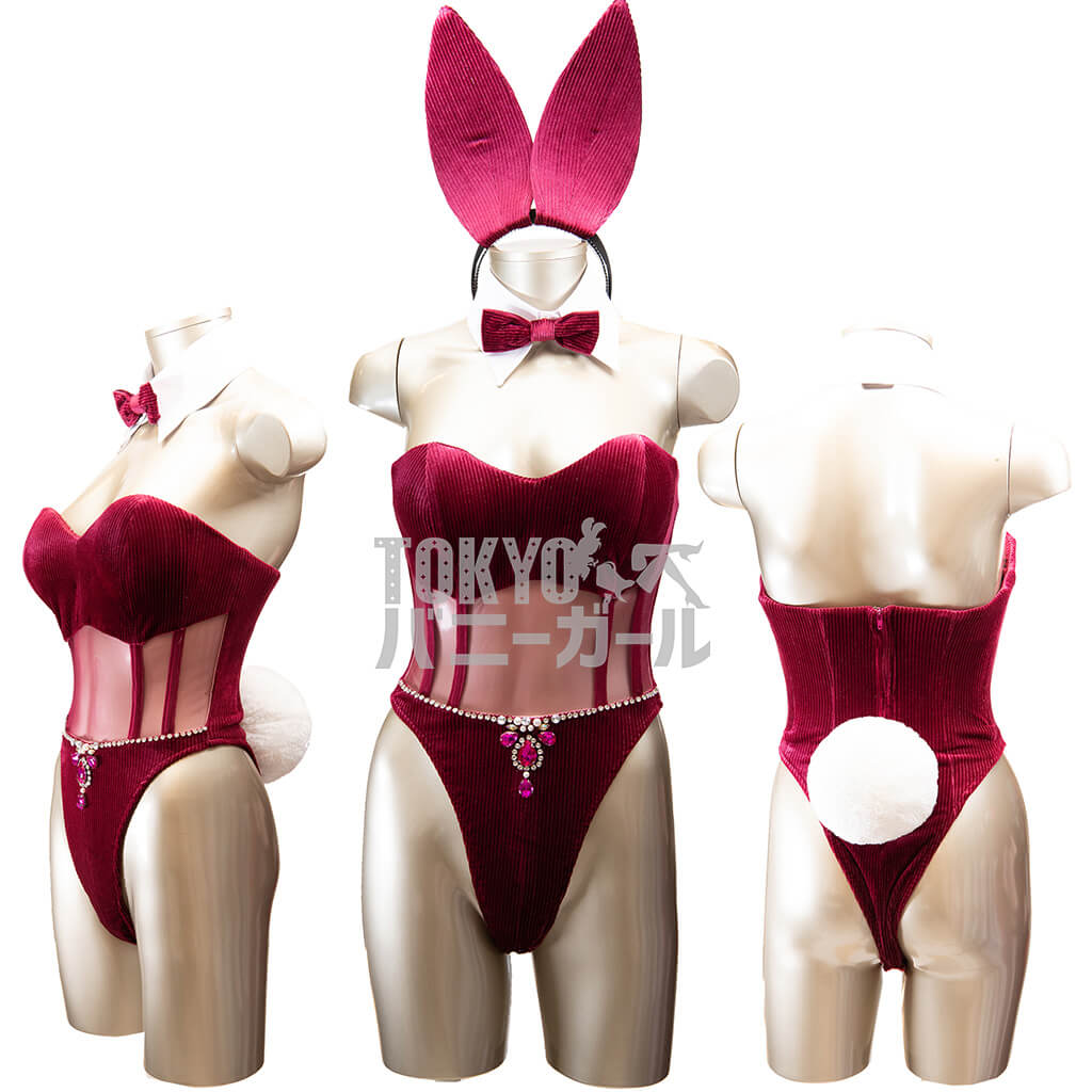 バニーガール 衣装 9点セット 飾り付【金糸ベロア・ワインレッド 12番】ドレスアップ バニー衣装・裏地付の画像