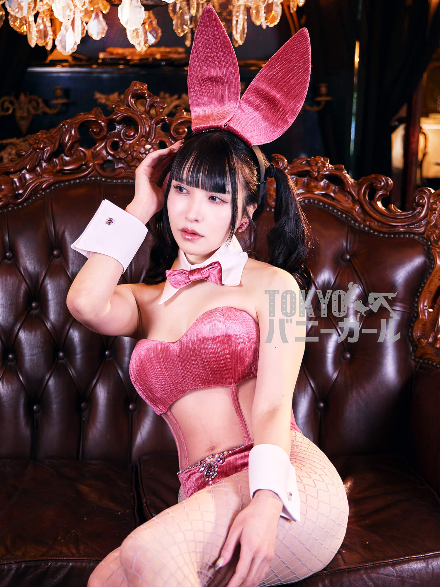 バニーガール 衣装 9点セット 飾り付【金糸ベロア・ピンク 19番】ドレスアップ バニー衣装・裏地付の画像