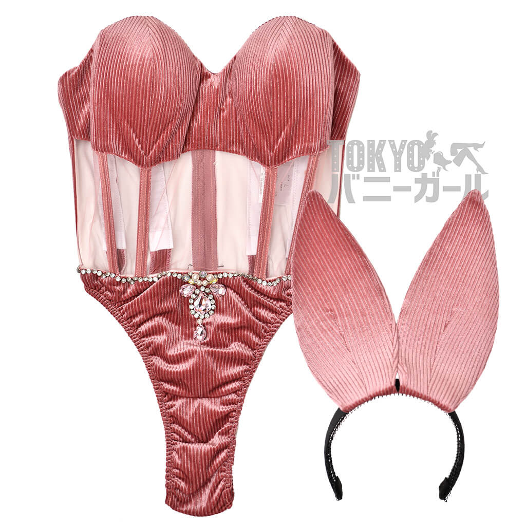 バニーガール 衣装 9点セット 飾り付【金糸ベロア・ピンク 19番】ドレスアップ バニー衣装・裏地付の画像