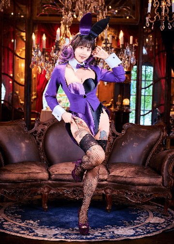 バニーガール 衣装 ９点セット【バイカラー・バニー】サテン生地 ブラックとダーク・パープルの画像