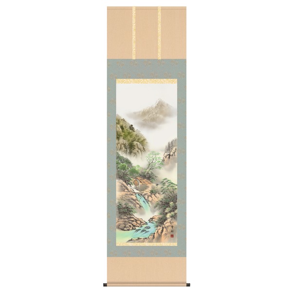 掛け軸 【長さ約1884mm】 中山雪邨 掛軸(尺五) 「彩色山水」 桐箱入り 日本製 送料込！の画像