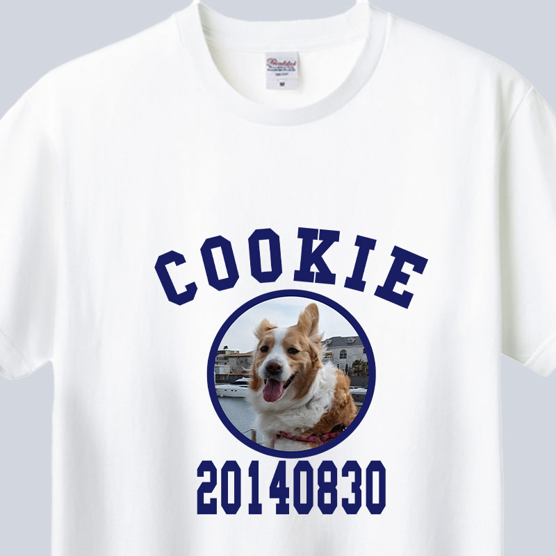 愛犬の名入れ＆写真プリント＆メッセージ うちの子Tシャツ カレッジ柄プリント 半袖Tシャツの画像