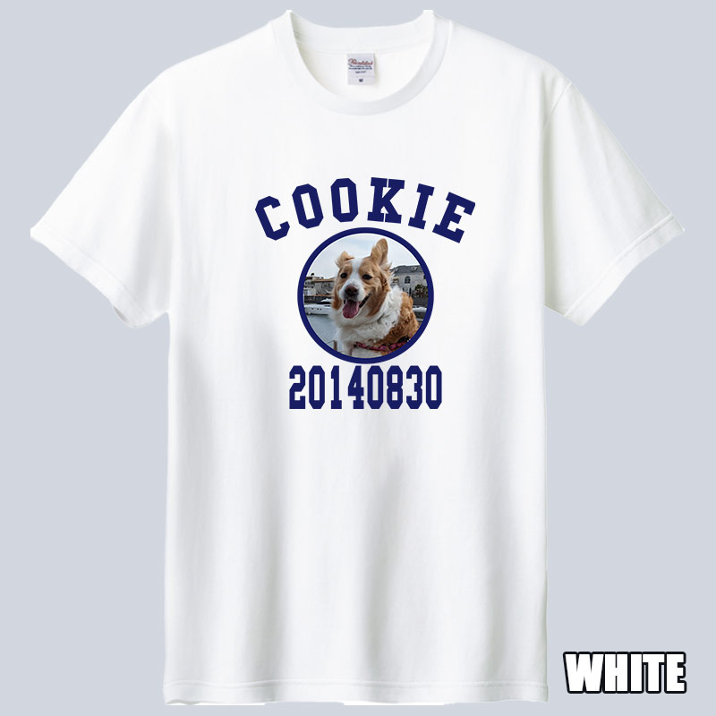 愛犬の名入れ＆写真プリント＆メッセージ うちの子Tシャツ カレッジ柄プリント 半袖Tシャツの画像