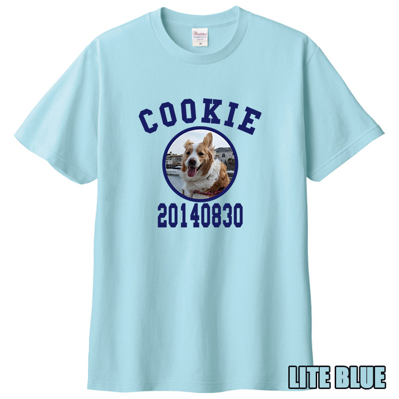 愛犬の名入れ＆写真プリント＆メッセージ うちの子Tシャツ カレッジ柄プリント 半袖Tシャツの画像