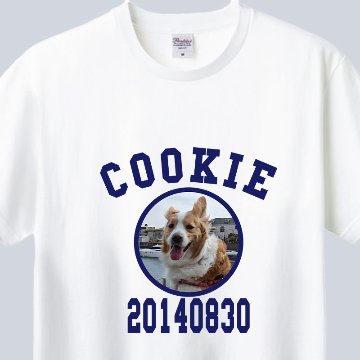 愛犬の名入れ＆写真プリント＆メッセージ うちの子Tシャツ カレッジ柄プリント 半袖Tシャツの画像