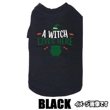 ハロウィン柄！ A-WITCH-LIVES-HERE コットン100％ 犬用Tシャツ 犬服 halloween ハロウィーン風ロゴ リンクコーデも出来ますの画像
