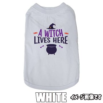 ハロウィン柄！ A-WITCH-LIVES-HERE コットン100％ 犬用Tシャツ 犬服 halloween ハロウィーン風ロゴ リンクコーデも出来ますの画像