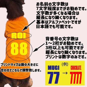 愛犬の名入れが出来る ユニフォーム風背番号タイプ ダックス コーギー用 Tシャツ 名前入り犬服 小型犬〜中型犬 プリントカラーは10色　お名前とお好きな番号だけで作れますの画像