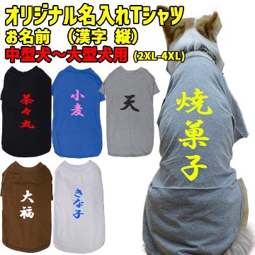 愛犬の名入れが出来る 漢字縦書きタイプ 犬用Tシャツ 名前入り犬服  超小型犬〜大型犬 プリントカラーは10色　お名前だけで作れますの画像