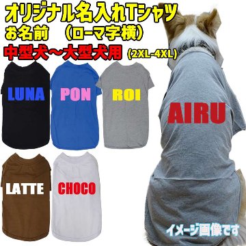 愛犬の名入れが出来る ローマ字横書きアルファベットタイプ 犬用Tシャツ 名前入り犬服  超小型犬〜大型犬 プリントカラーは10色　お名前だけで作れますの画像