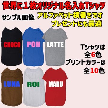 愛犬の名入れが出来る ローマ字横書きアルファベットタイプ 犬用Tシャツ 名前入り犬服  超小型犬〜大型犬 プリントカラーは10色　お名前だけで作れますの画像